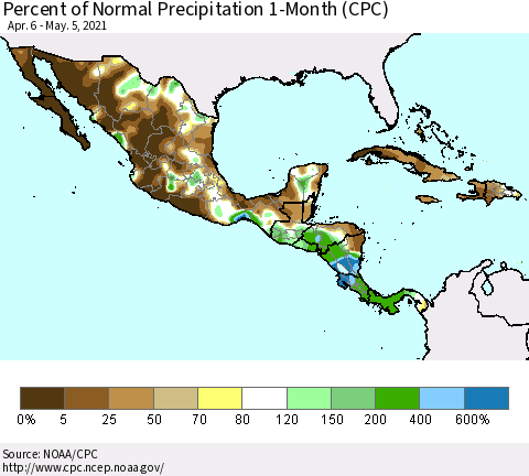 Mexico Central America and the Caribbean Percent of Normal Precipitation 1-Month (CPC) Thematic Map For 4/6/2021 - 5/5/2021