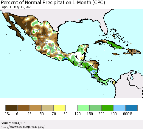 Mexico Central America and the Caribbean Percent of Normal Precipitation 1-Month (CPC) Thematic Map For 4/11/2021 - 5/10/2021