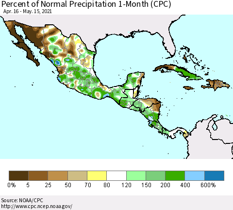 Mexico Central America and the Caribbean Percent of Normal Precipitation 1-Month (CPC) Thematic Map For 4/16/2021 - 5/15/2021