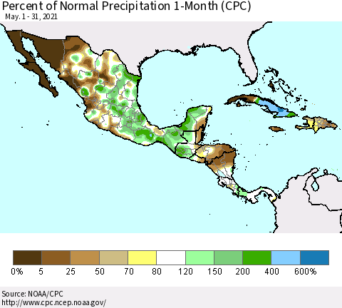 Mexico Central America and the Caribbean Percent of Normal Precipitation 1-Month (CPC) Thematic Map For 5/1/2021 - 5/31/2021