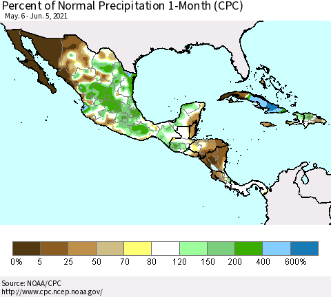 Mexico Central America and the Caribbean Percent of Normal Precipitation 1-Month (CPC) Thematic Map For 5/6/2021 - 6/5/2021