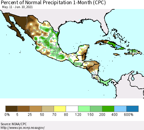 Mexico Central America and the Caribbean Percent of Normal Precipitation 1-Month (CPC) Thematic Map For 5/11/2021 - 6/10/2021