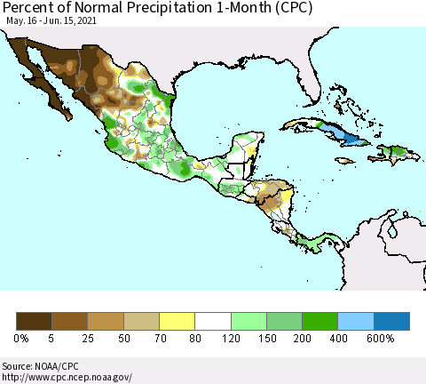 Mexico Central America and the Caribbean Percent of Normal Precipitation 1-Month (CPC) Thematic Map For 5/16/2021 - 6/15/2021