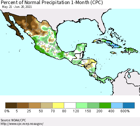 Mexico Central America and the Caribbean Percent of Normal Precipitation 1-Month (CPC) Thematic Map For 5/21/2021 - 6/20/2021