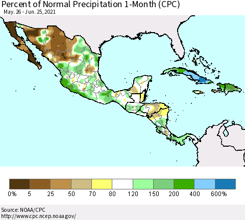 Mexico Central America and the Caribbean Percent of Normal Precipitation 1-Month (CPC) Thematic Map For 5/26/2021 - 6/25/2021