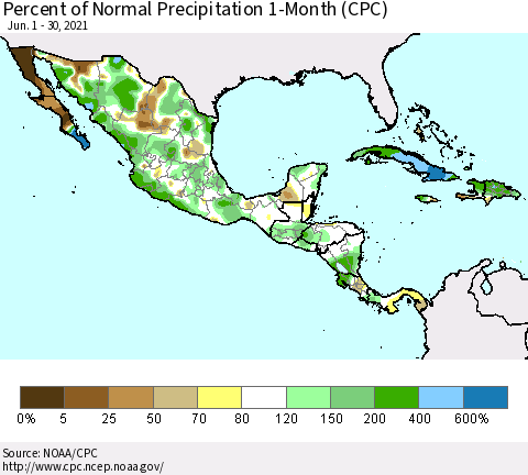 Mexico Central America and the Caribbean Percent of Normal Precipitation 1-Month (CPC) Thematic Map For 6/1/2021 - 6/30/2021