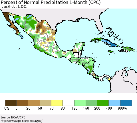 Mexico Central America and the Caribbean Percent of Normal Precipitation 1-Month (CPC) Thematic Map For 6/6/2021 - 7/5/2021