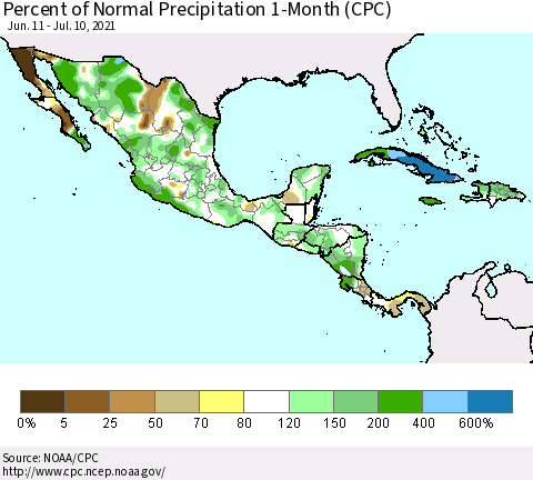 Mexico Central America and the Caribbean Percent of Normal Precipitation 1-Month (CPC) Thematic Map For 6/11/2021 - 7/10/2021