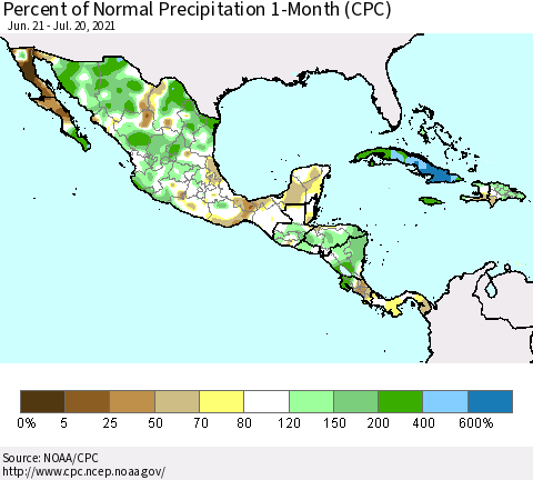 Mexico Central America and the Caribbean Percent of Normal Precipitation 1-Month (CPC) Thematic Map For 6/21/2021 - 7/20/2021