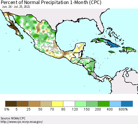 Mexico Central America and the Caribbean Percent of Normal Precipitation 1-Month (CPC) Thematic Map For 6/26/2021 - 7/25/2021