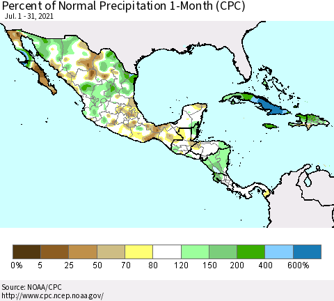 Mexico Central America and the Caribbean Percent of Normal Precipitation 1-Month (CPC) Thematic Map For 7/1/2021 - 7/31/2021