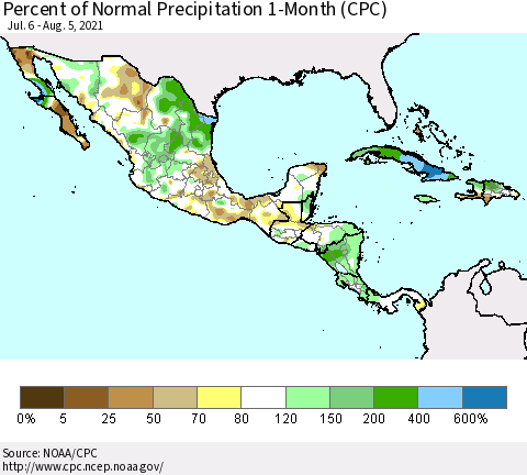 Mexico Central America and the Caribbean Percent of Normal Precipitation 1-Month (CPC) Thematic Map For 7/6/2021 - 8/5/2021