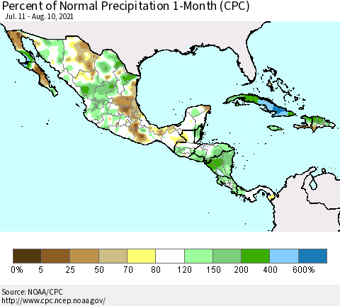 Mexico Central America and the Caribbean Percent of Normal Precipitation 1-Month (CPC) Thematic Map For 7/11/2021 - 8/10/2021