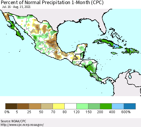 Mexico Central America and the Caribbean Percent of Normal Precipitation 1-Month (CPC) Thematic Map For 7/16/2021 - 8/15/2021