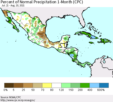 Mexico Central America and the Caribbean Percent of Normal Precipitation 1-Month (CPC) Thematic Map For 7/21/2021 - 8/20/2021
