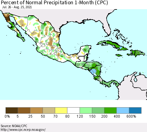 Mexico Central America and the Caribbean Percent of Normal Precipitation 1-Month (CPC) Thematic Map For 7/26/2021 - 8/25/2021