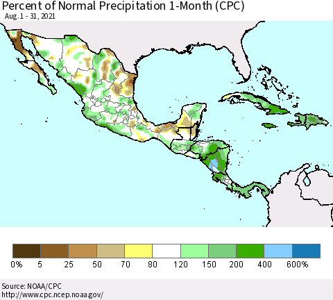 Mexico Central America and the Caribbean Percent of Normal Precipitation 1-Month (CPC) Thematic Map For 8/1/2021 - 8/31/2021