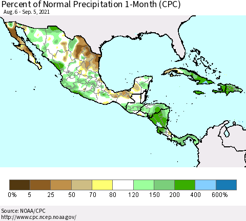 Mexico Central America and the Caribbean Percent of Normal Precipitation 1-Month (CPC) Thematic Map For 8/6/2021 - 9/5/2021