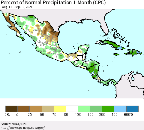 Mexico Central America and the Caribbean Percent of Normal Precipitation 1-Month (CPC) Thematic Map For 8/11/2021 - 9/10/2021