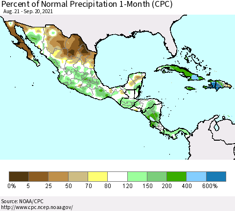 Mexico Central America and the Caribbean Percent of Normal Precipitation 1-Month (CPC) Thematic Map For 8/21/2021 - 9/20/2021