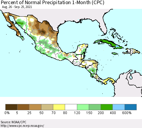 Mexico Central America and the Caribbean Percent of Normal Precipitation 1-Month (CPC) Thematic Map For 8/26/2021 - 9/25/2021