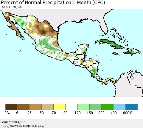 Mexico Central America and the Caribbean Percent of Normal Precipitation 1-Month (CPC) Thematic Map For 9/1/2021 - 9/30/2021