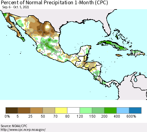 Mexico Central America and the Caribbean Percent of Normal Precipitation 1-Month (CPC) Thematic Map For 9/6/2021 - 10/5/2021