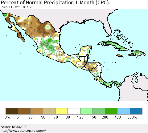 Mexico Central America and the Caribbean Percent of Normal Precipitation 1-Month (CPC) Thematic Map For 9/11/2021 - 10/10/2021