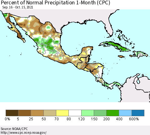 Mexico Central America and the Caribbean Percent of Normal Precipitation 1-Month (CPC) Thematic Map For 9/16/2021 - 10/15/2021