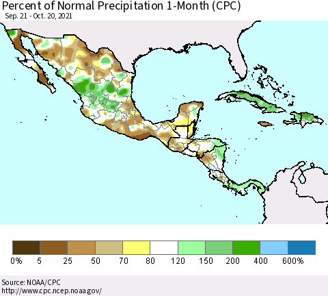 Mexico Central America and the Caribbean Percent of Normal Precipitation 1-Month (CPC) Thematic Map For 9/21/2021 - 10/20/2021