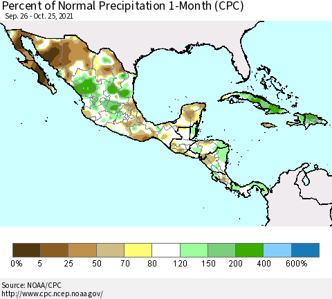 Mexico Central America and the Caribbean Percent of Normal Precipitation 1-Month (CPC) Thematic Map For 9/26/2021 - 10/25/2021