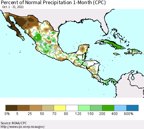 Mexico Central America and the Caribbean Percent of Normal Precipitation 1-Month (CPC) Thematic Map For 10/1/2021 - 10/31/2021