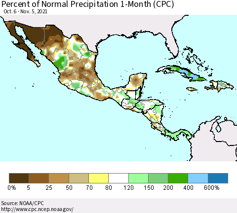 Mexico Central America and the Caribbean Percent of Normal Precipitation 1-Month (CPC) Thematic Map For 10/6/2021 - 11/5/2021