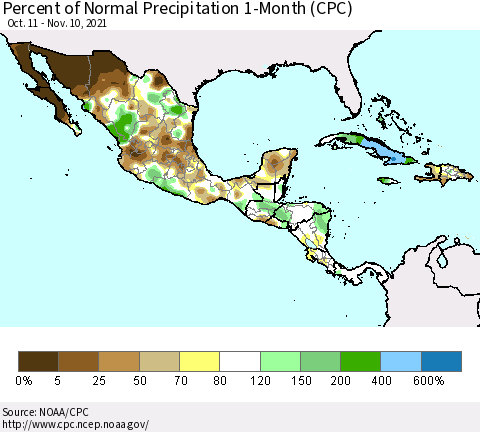Mexico Central America and the Caribbean Percent of Normal Precipitation 1-Month (CPC) Thematic Map For 10/11/2021 - 11/10/2021