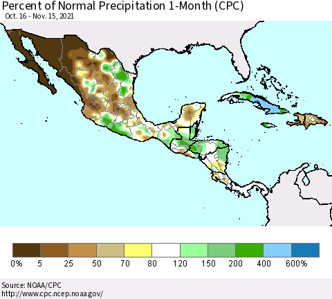 Mexico Central America and the Caribbean Percent of Normal Precipitation 1-Month (CPC) Thematic Map For 10/16/2021 - 11/15/2021