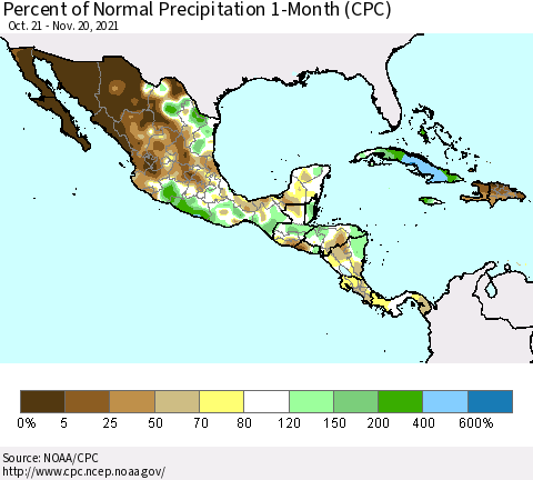 Mexico Central America and the Caribbean Percent of Normal Precipitation 1-Month (CPC) Thematic Map For 10/21/2021 - 11/20/2021
