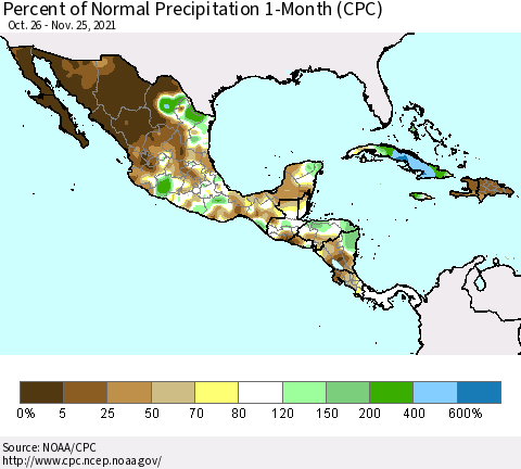 Mexico Central America and the Caribbean Percent of Normal Precipitation 1-Month (CPC) Thematic Map For 10/26/2021 - 11/25/2021