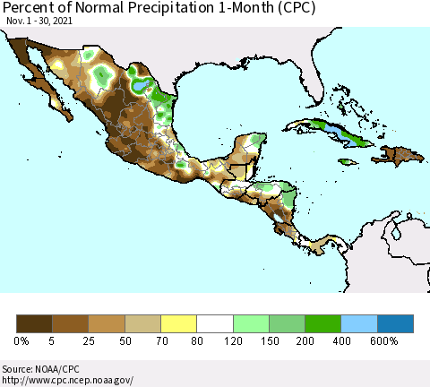 Mexico Central America and the Caribbean Percent of Normal Precipitation 1-Month (CPC) Thematic Map For 11/1/2021 - 11/30/2021