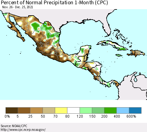 Mexico Central America and the Caribbean Percent of Normal Precipitation 1-Month (CPC) Thematic Map For 11/26/2021 - 12/25/2021