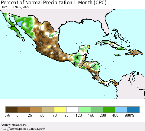 Mexico Central America and the Caribbean Percent of Normal Precipitation 1-Month (CPC) Thematic Map For 12/6/2021 - 1/5/2022