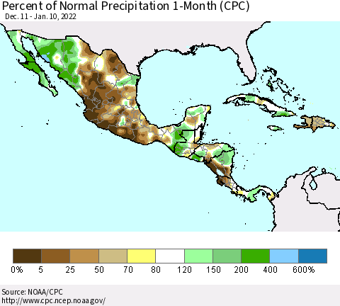 Mexico Central America and the Caribbean Percent of Normal Precipitation 1-Month (CPC) Thematic Map For 12/11/2021 - 1/10/2022