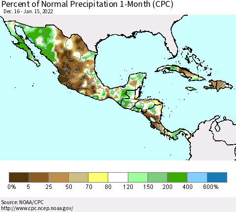 Mexico Central America and the Caribbean Percent of Normal Precipitation 1-Month (CPC) Thematic Map For 12/16/2021 - 1/15/2022