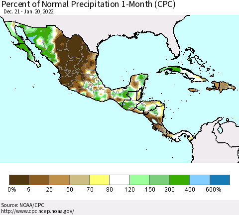 Mexico Central America and the Caribbean Percent of Normal Precipitation 1-Month (CPC) Thematic Map For 12/21/2021 - 1/20/2022