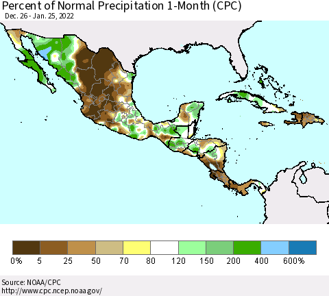 Mexico Central America and the Caribbean Percent of Normal Precipitation 1-Month (CPC) Thematic Map For 12/26/2021 - 1/25/2022