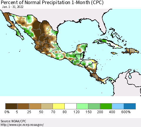 Mexico Central America and the Caribbean Percent of Normal Precipitation 1-Month (CPC) Thematic Map For 1/1/2022 - 1/31/2022