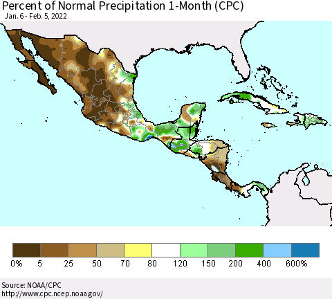 Mexico Central America and the Caribbean Percent of Normal Precipitation 1-Month (CPC) Thematic Map For 1/6/2022 - 2/5/2022
