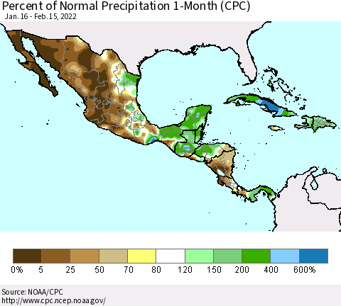 Mexico Central America and the Caribbean Percent of Normal Precipitation 1-Month (CPC) Thematic Map For 1/16/2022 - 2/15/2022