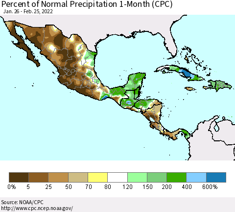 Mexico Central America and the Caribbean Percent of Normal Precipitation 1-Month (CPC) Thematic Map For 1/26/2022 - 2/25/2022