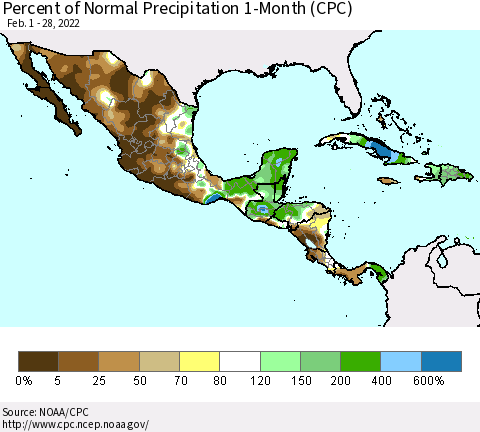 Mexico Central America and the Caribbean Percent of Normal Precipitation 1-Month (CPC) Thematic Map For 2/1/2022 - 2/28/2022