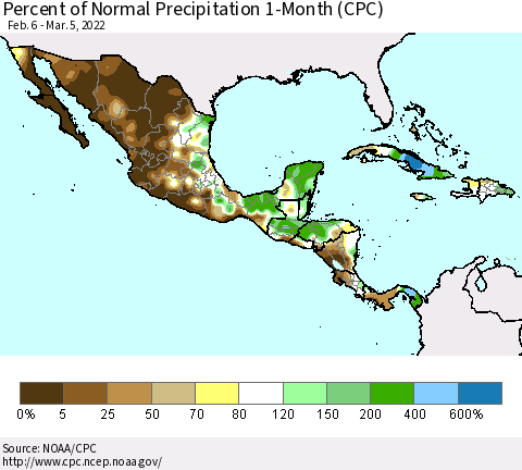 Mexico Central America and the Caribbean Percent of Normal Precipitation 1-Month (CPC) Thematic Map For 2/6/2022 - 3/5/2022